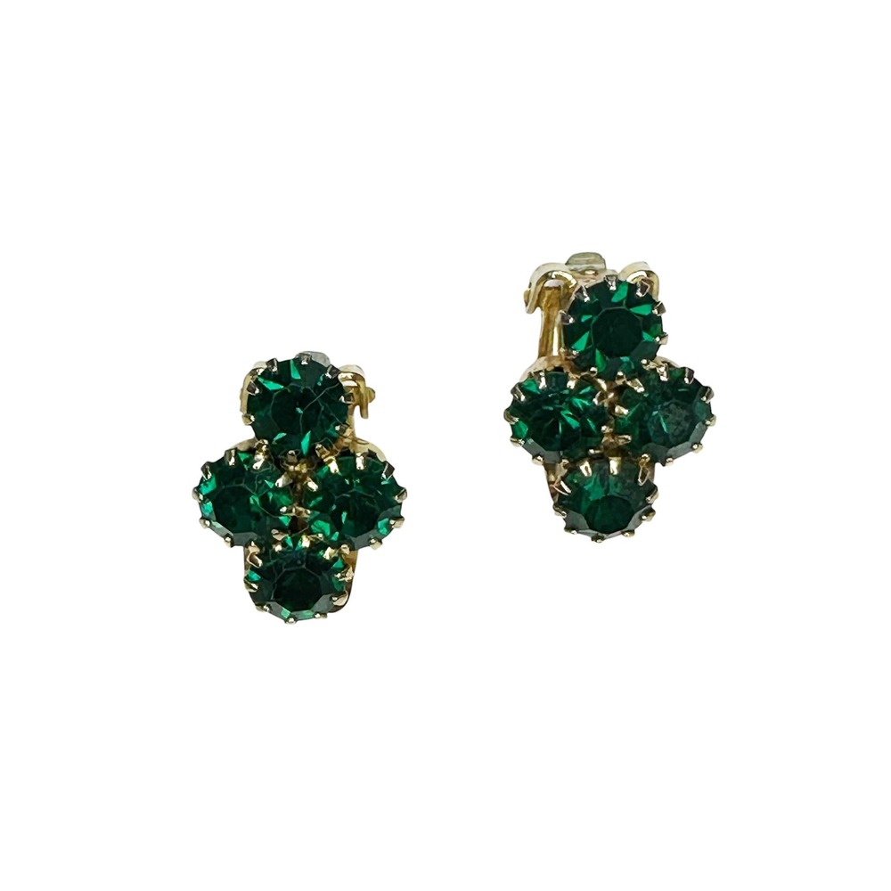 VINTAGE Mid-Century Emerald Crystal Cluster Clip-on Earrings • green, gold tone
